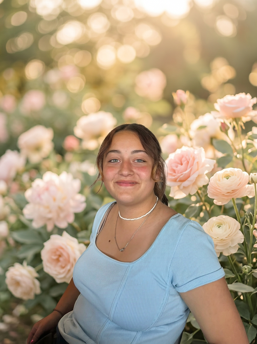 Leah, founder of Bloom With Leah, surrounded by soft garden roses
