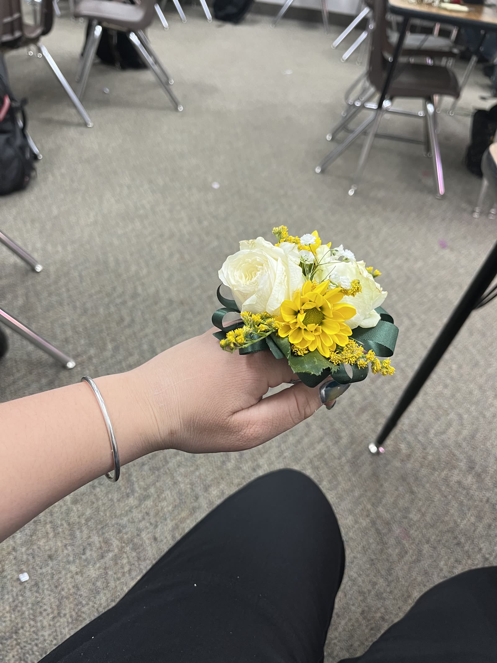Yellow and white rose prom corsage