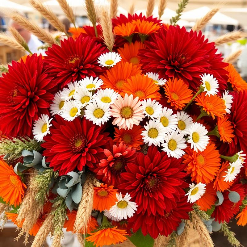 Close up of red and orange dahlia bouquet