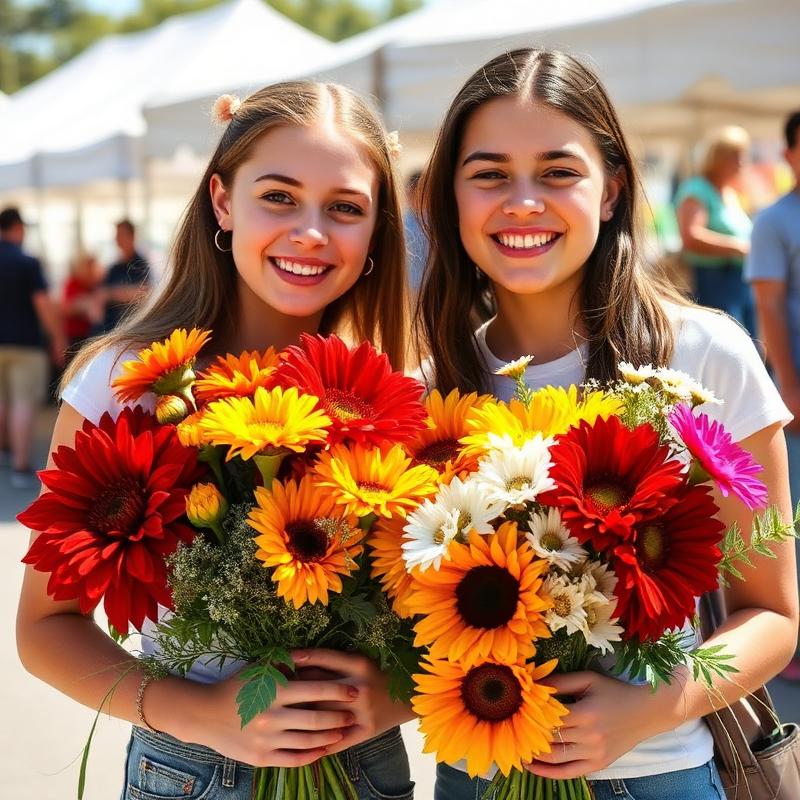 Two friends with bright fall bouquets