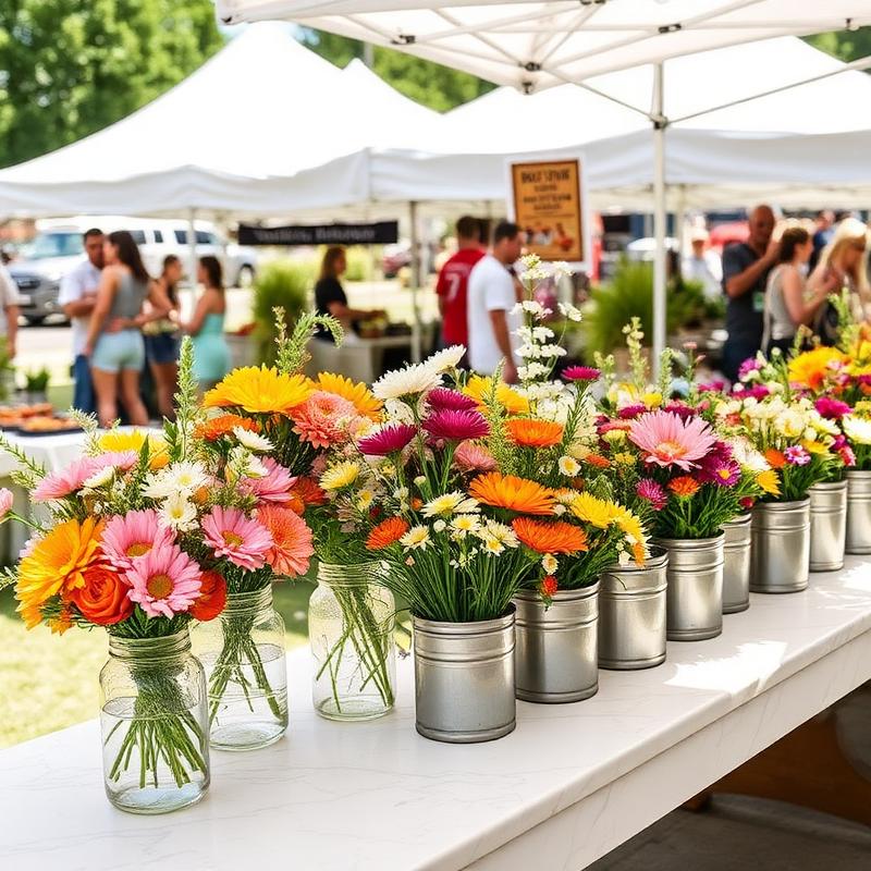 Farmers market booth with jars of wildflowers