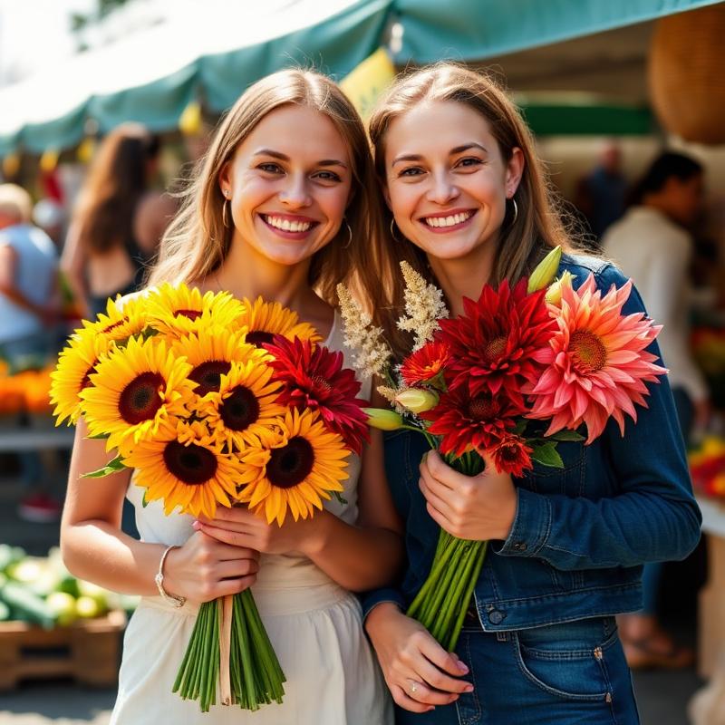 Two friends smiling with sunflower bouquets