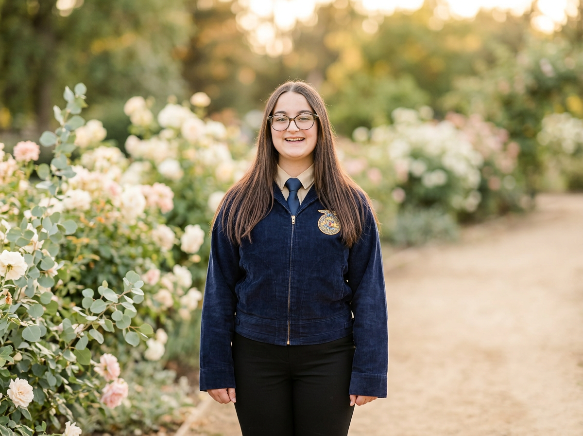 Leah in her FFA jacket holding a small bouquet